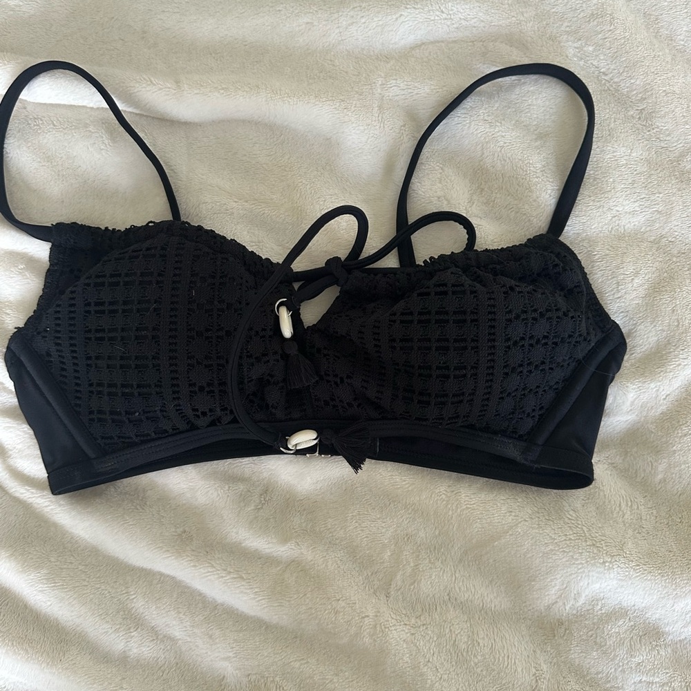 Wild Fable Black Textured Bikini Top with Tie Front
